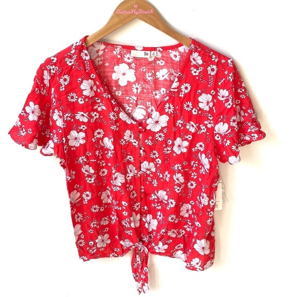SO Red Floral button down front tie bohemian Top, Size M, NWT - Picture 1 of 8